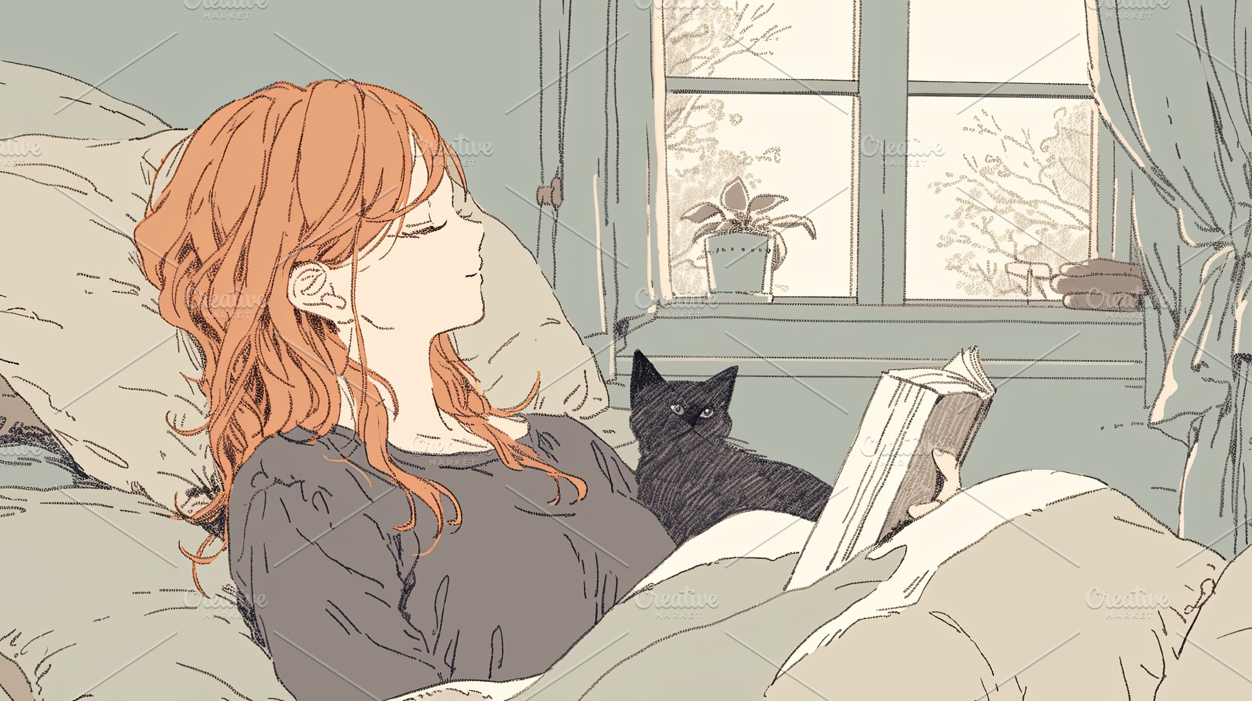 Young woman reading a book in bed with black cat nearby, a Photo by AS photostudio