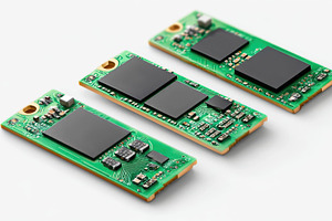 Three green circuit boards with black chips, a Technology Photo by AlyaAnd