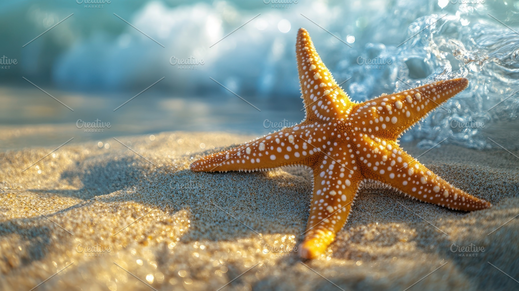 Starfish on the shore with wave. Per, a Background Photo by Pixeness