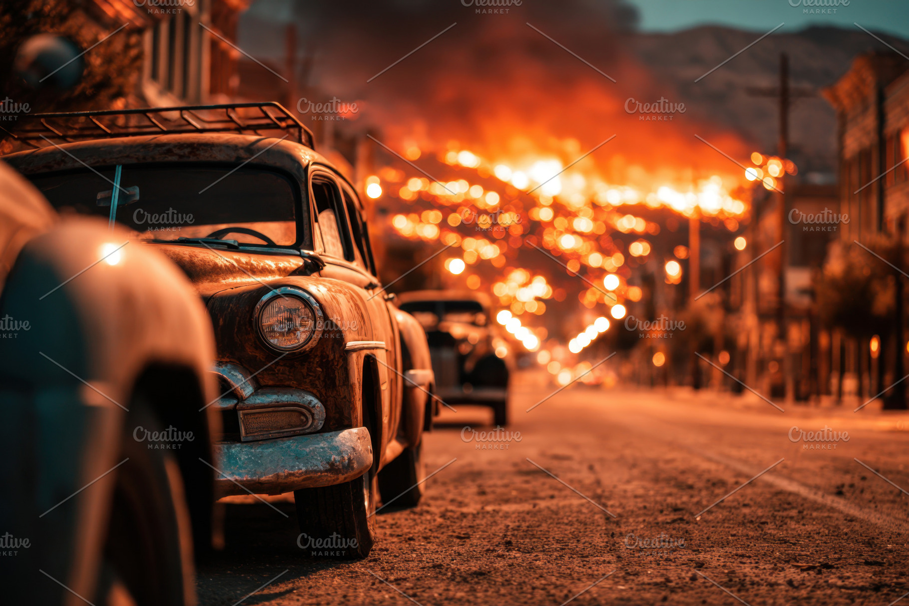 Vintage car on street with dramatic fire backdrop, a Transportation Photo by AlyaAnd