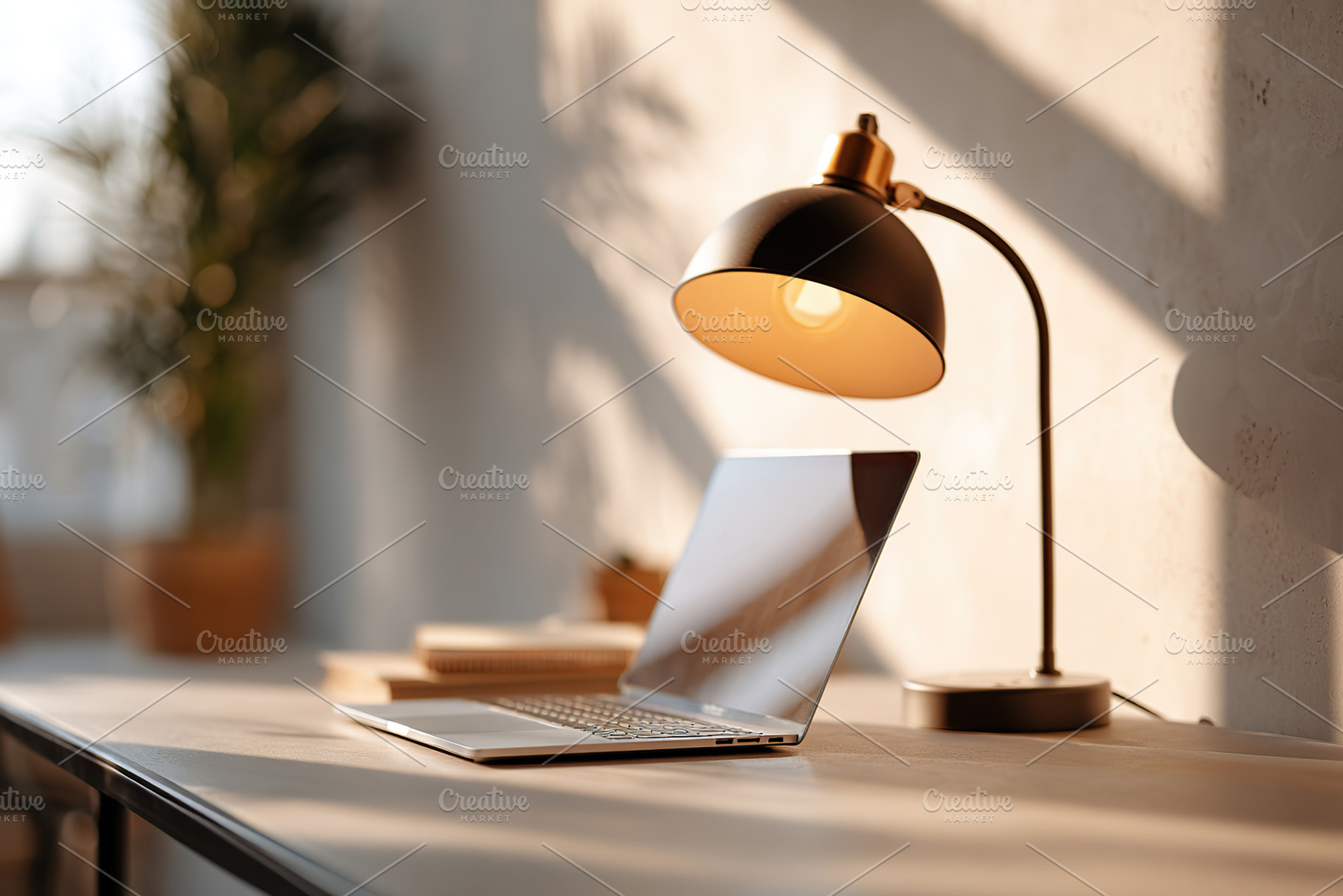 Wall-mounted lamp casts beautiful shadows in a cozy workspace, an Abstract Photo by AlyaAnd