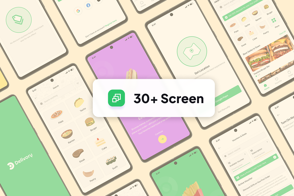 Delivory - Food Delivery App UI Kit, an UI Kit Template by restiyathena (Photo 2 of 6)