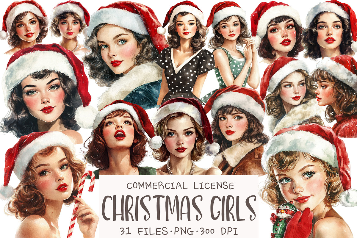 Christmas Girls Watercolor Clipart, an Illustration by OK Design (Photo 1 of 5)