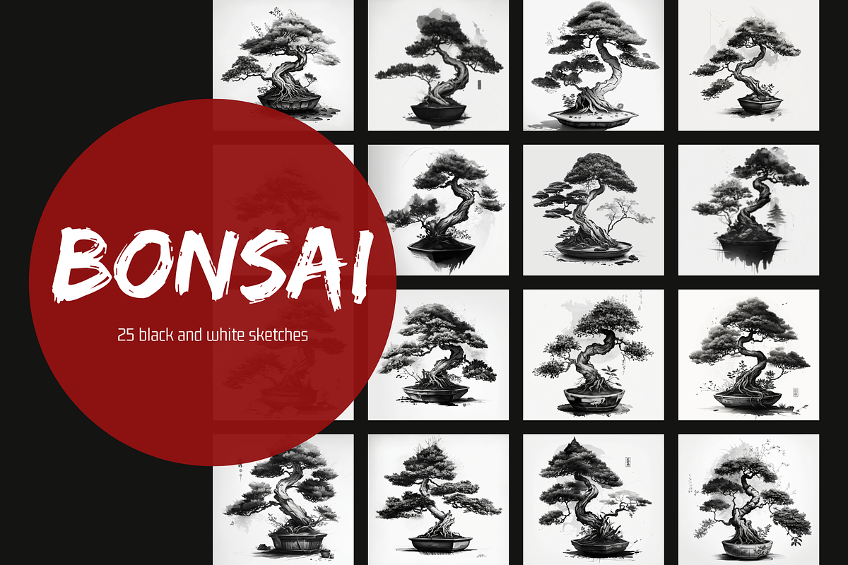 25 Japanese Bonsai BnW Sketches, a Decorative Illustration by Cam' Studio (Photo 1 of 4)