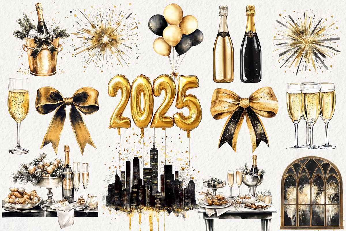Black & Gold New Years Party Clipart, an Illustration by NadiaTheronArt (Photo 3 of 5)