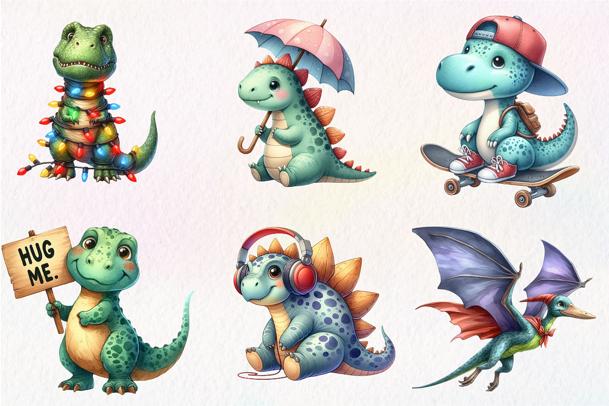 Watercolor Funny Dinosaurs Clipart, an Illustration by CreationArt (Photo 3 of 5)