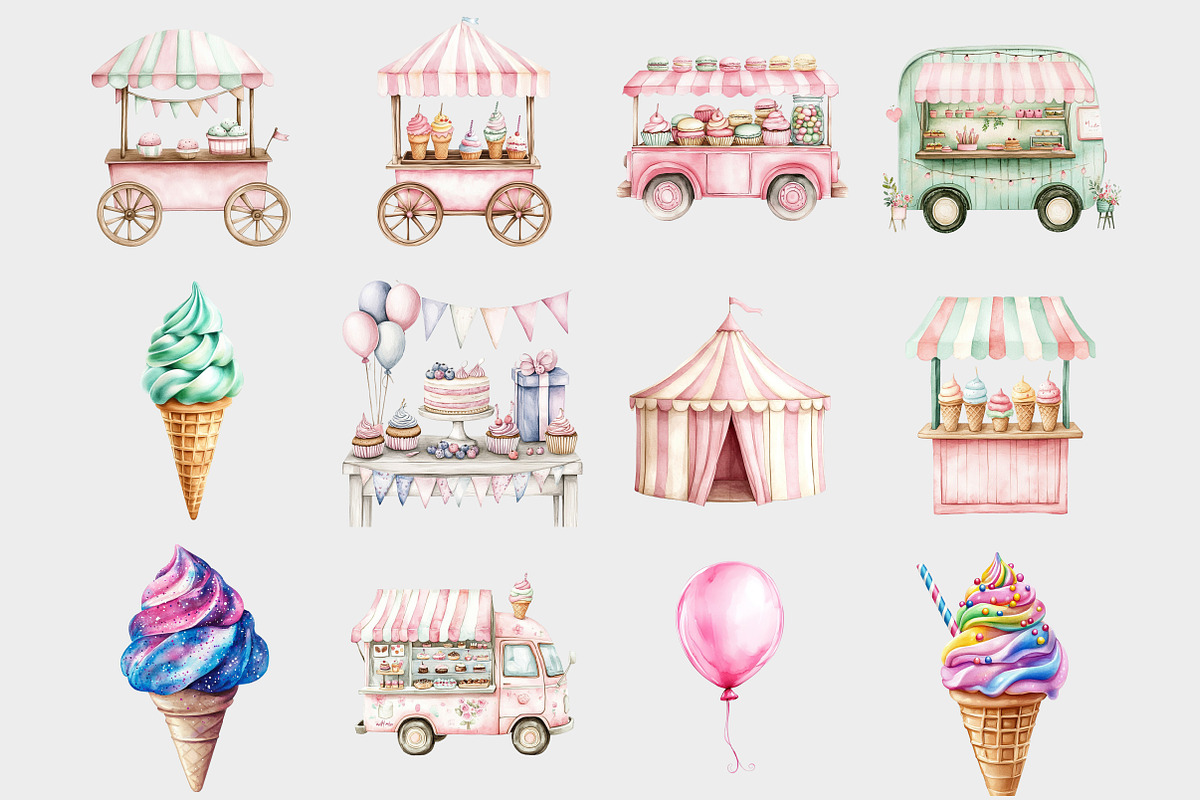 Watercolor Ice Cream Cart Clipart, a Seasonal Illustration by Design Market (Photo 3 of 4)