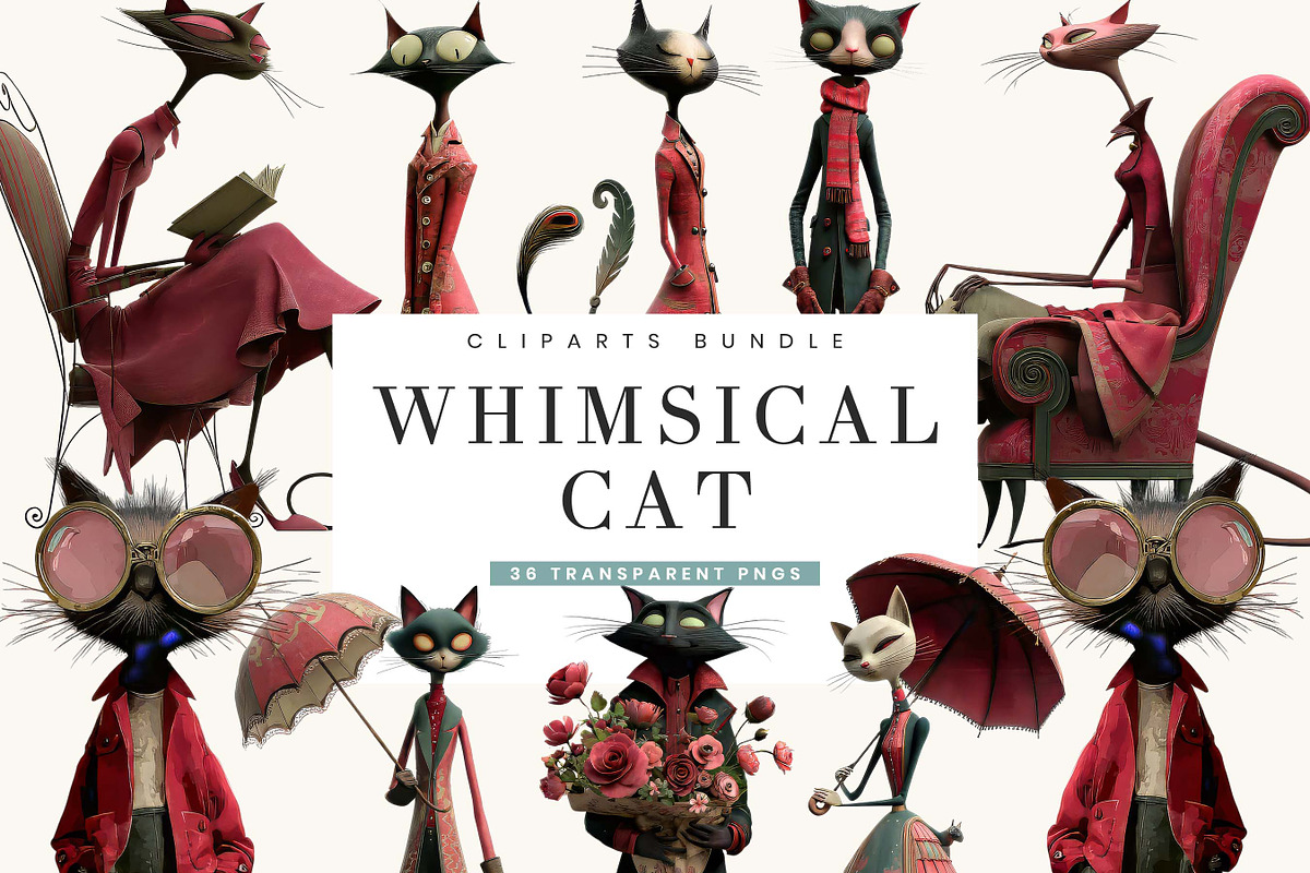 Watercolor Whimsical Cat Clipart, an Animal Illustration by BusyDaydesign (Photo 1 of 9)