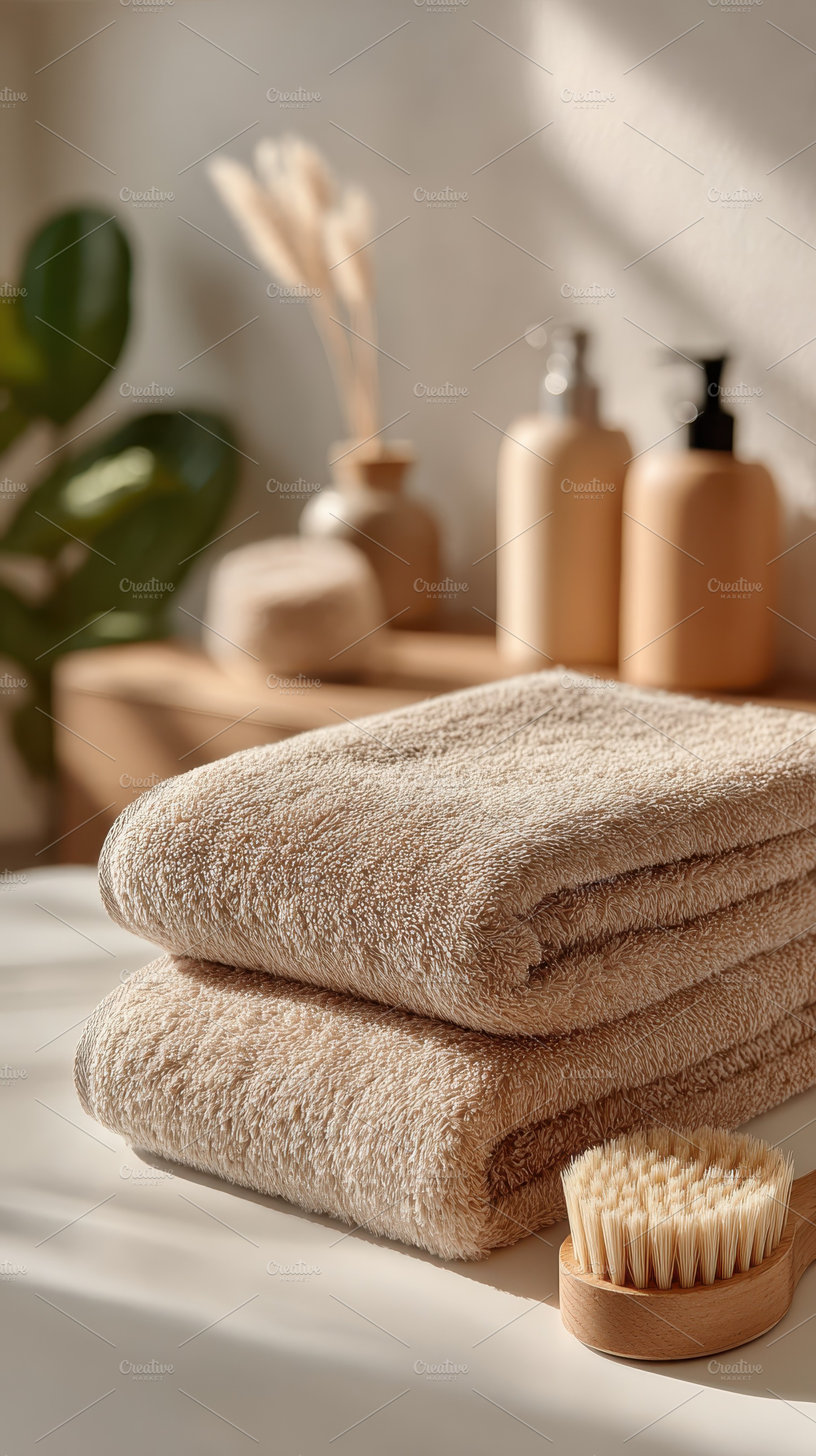 Soft beige towels and wooden body br, a Photo by Pixeness Studio