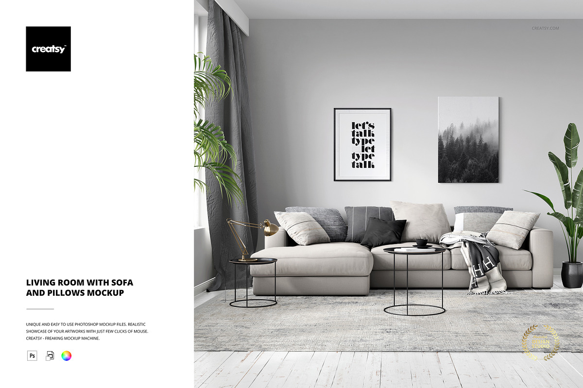 Living Room Sofa and Pillows Mockup, a Household Mockup by creatsy2 (Photo 1 of 4)