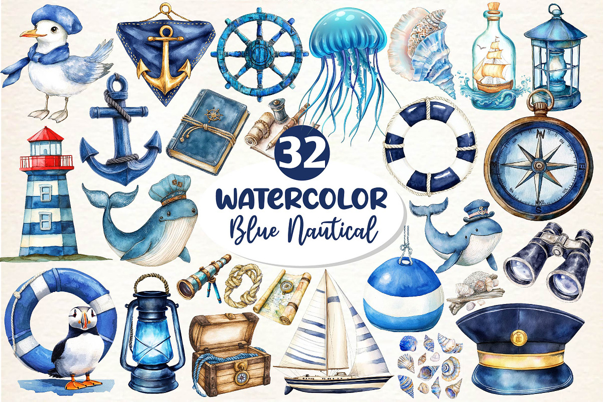 Watercolor Blue Nautical Collection, an Illustration by Dream Creation (Photo 1 of 6)