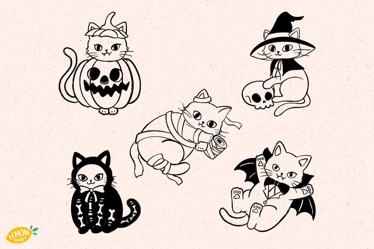 Halloween Cat Hand Drawn PNG Bundle, an Animal Illustration by LemonDesign (Photo 2 of 3)