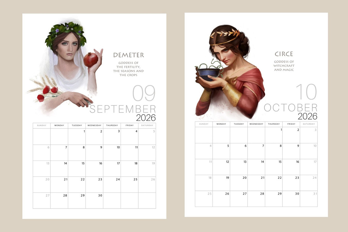 2026 Printable Calendar Goddesses, a Decorative Illustration by La Inspiratriz (Photo 5 of 8)