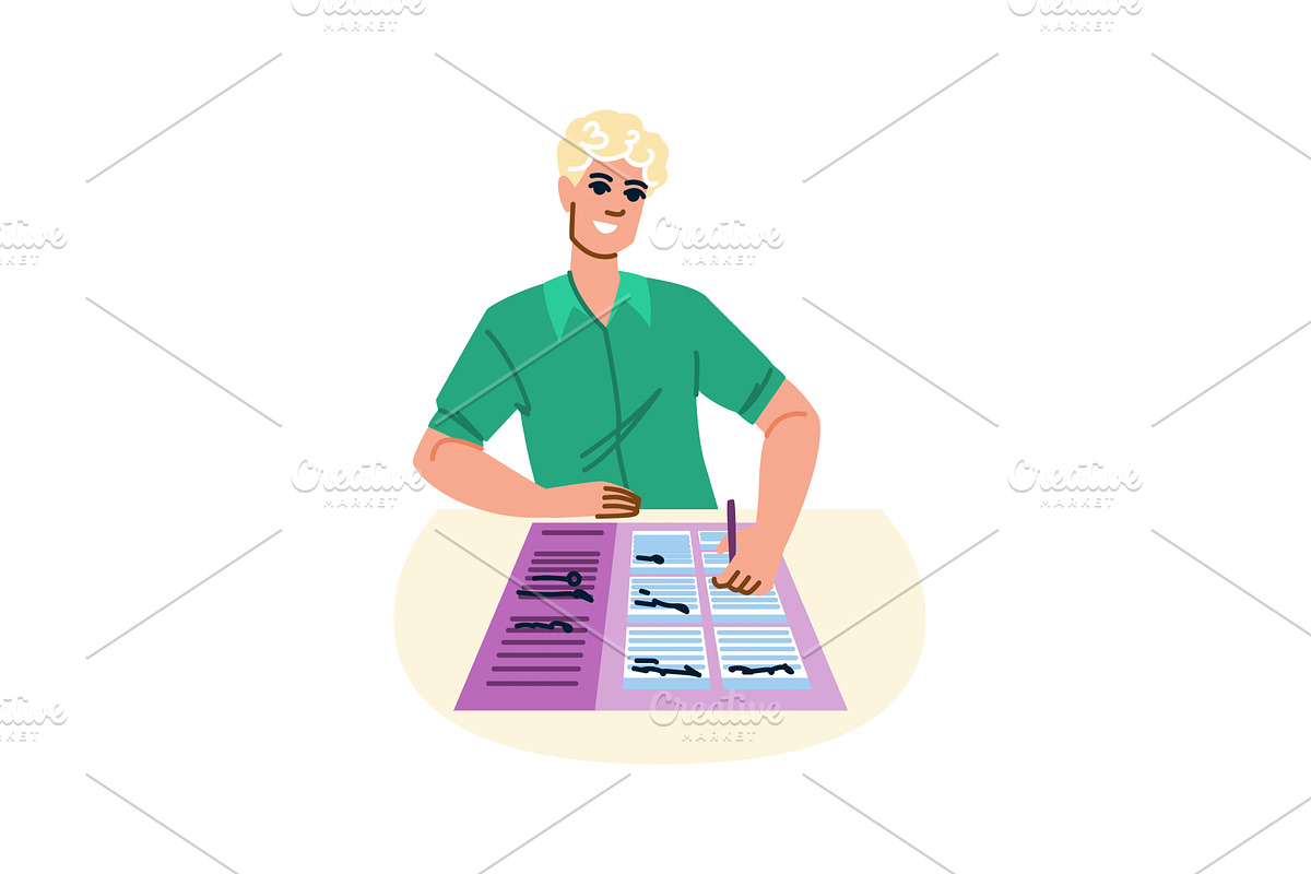 Smiling man completing survey form, an Education Illustration by pikepicture