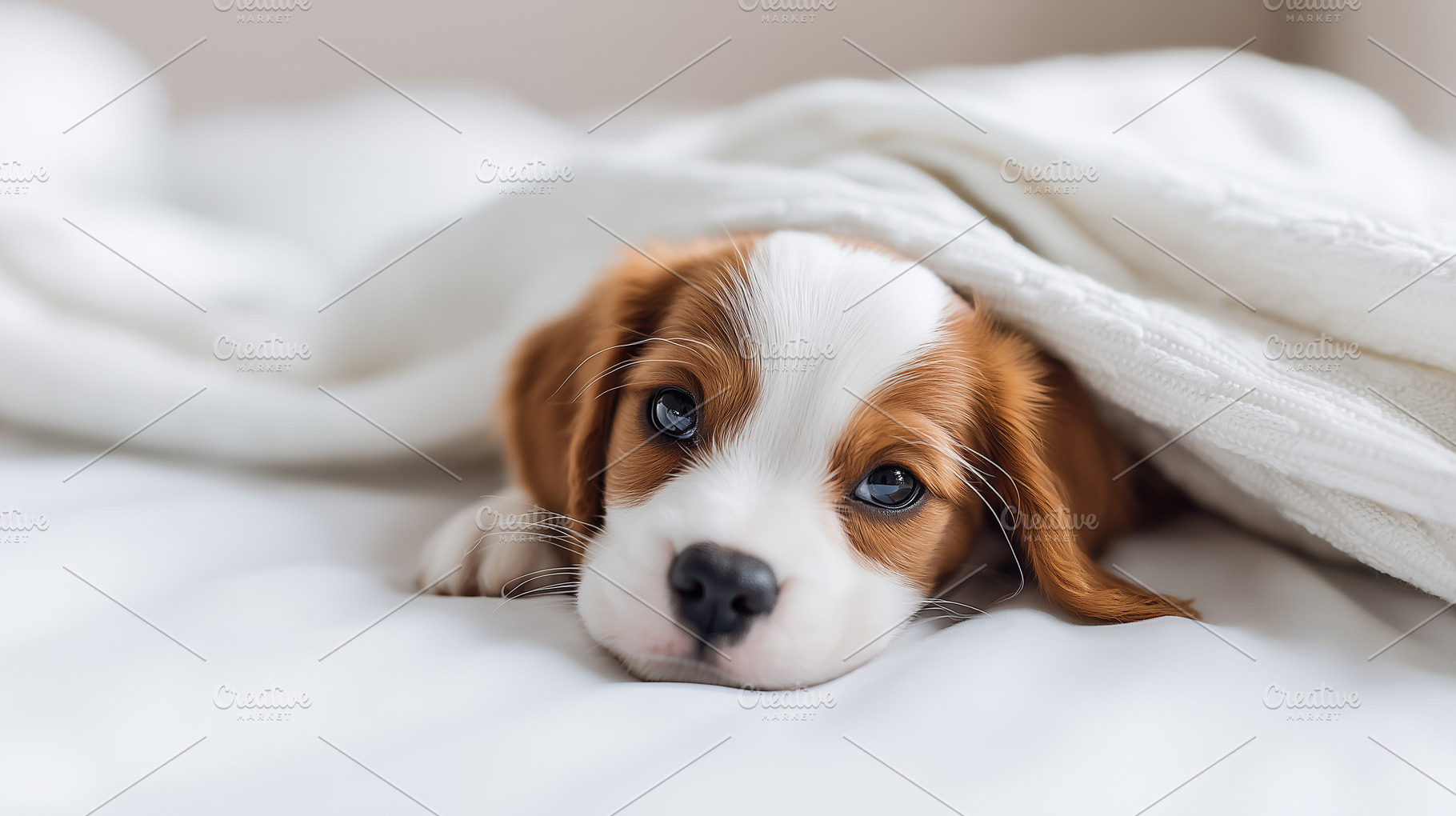 Adorable puppy lying under a white, an Animal Photo by MistyDay