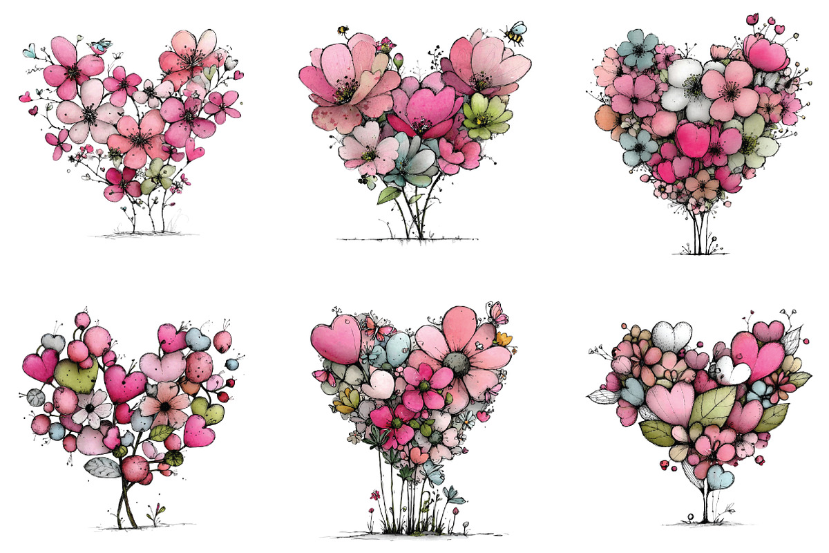 Whimsical Floral Hearts Clipart, an Illustration by CraftArtStudio (Photo 4 of 6)