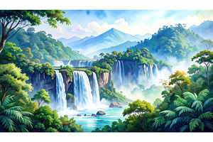 Waterfall cascading through a lush, a Background Photo by Igor Tichonow