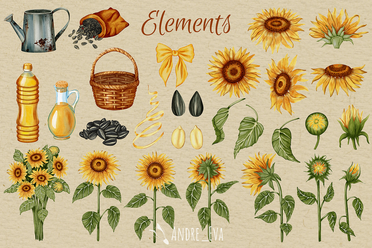 Watercolor Sunflowers Clipart, an Illustration by Andre_Eva (Photo 2 of 9)