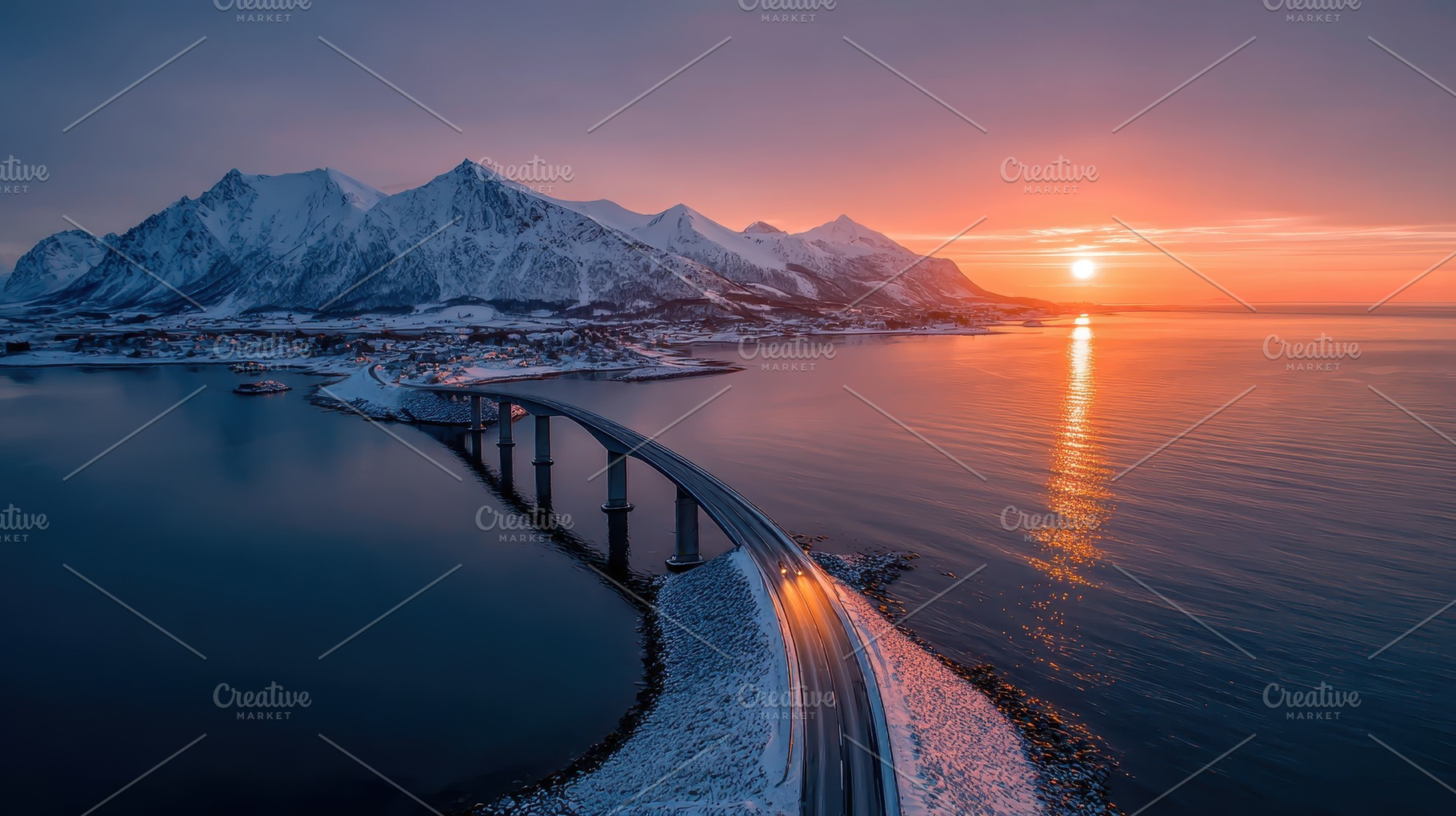 Scenic Bridge at Sunset Lofoten Isla, a Photo by Pixeness Studio