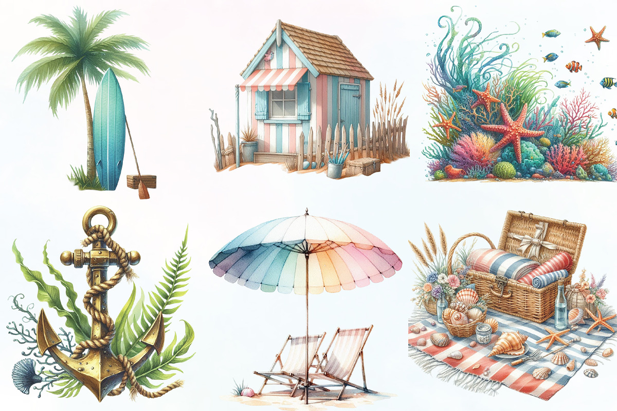 Watercolor Nautical Beach Clipart, an Illustration by CraftArtStudio (Photo 2 of 6)