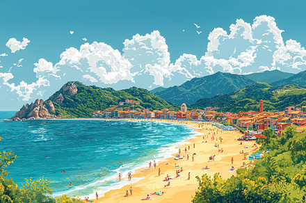 Golden sandy beach with turquoise water, coastal village, rocky, a Holiday Photo by José Manuel Gelpi
