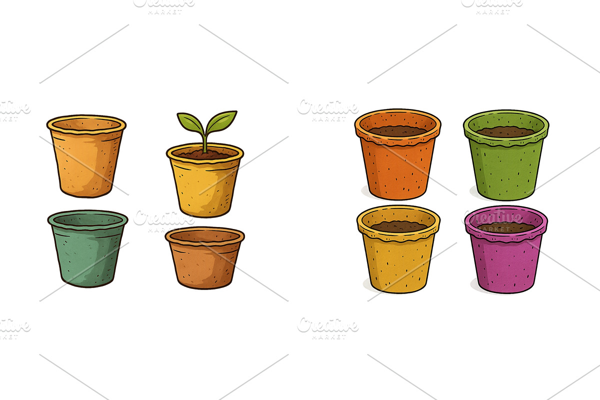 Colorful gardening pots with, an Object Illustration by ZinetroN