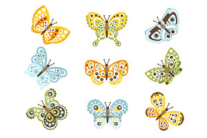 Fantastic Tropical Butterfly With Funky Design Patterns On The Wings Set Of Creative Insect Drawings