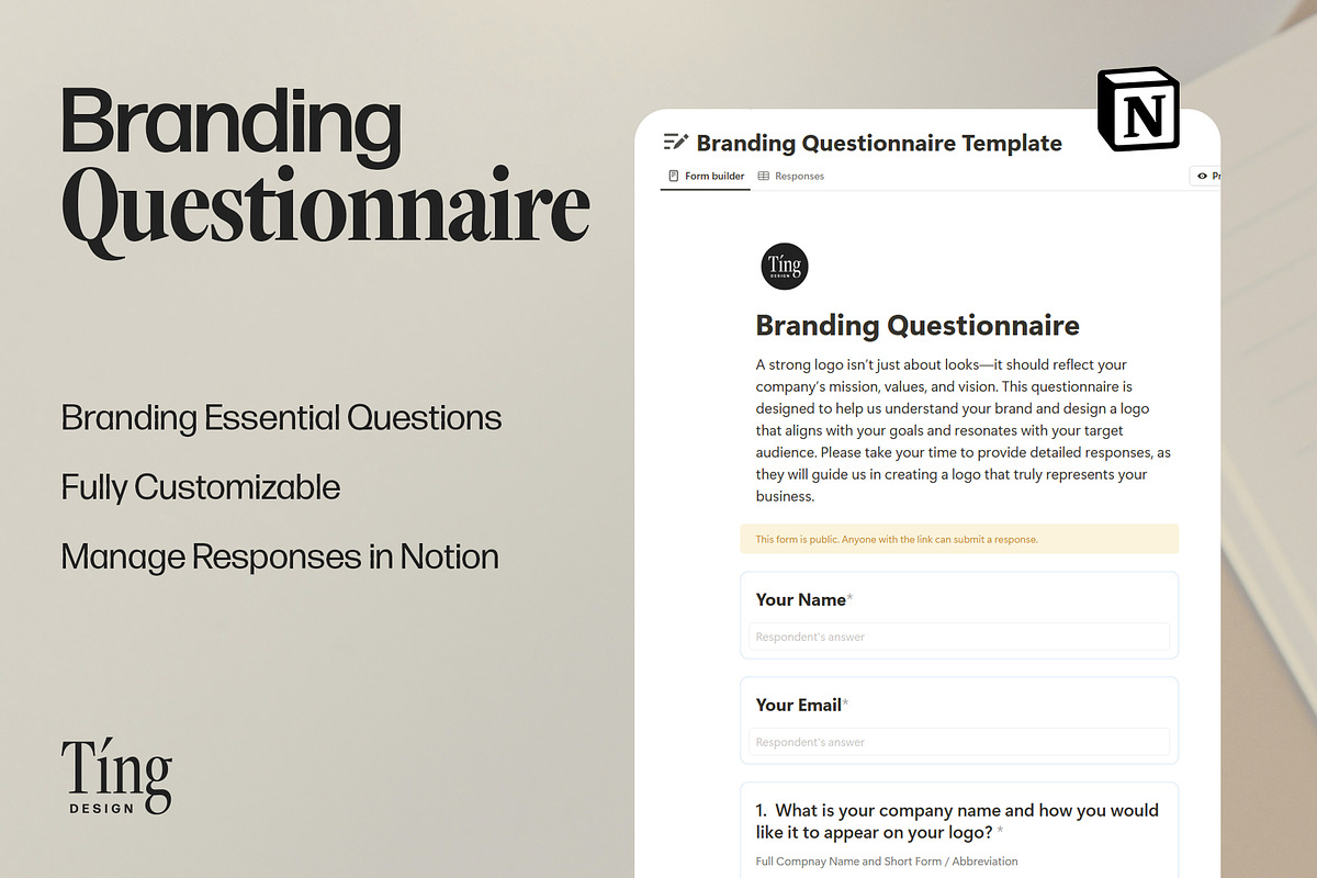 Branding Questionnaire in Notion, a Branding & Logo Template by TingDesign Studio (Photo 1 of 2)
