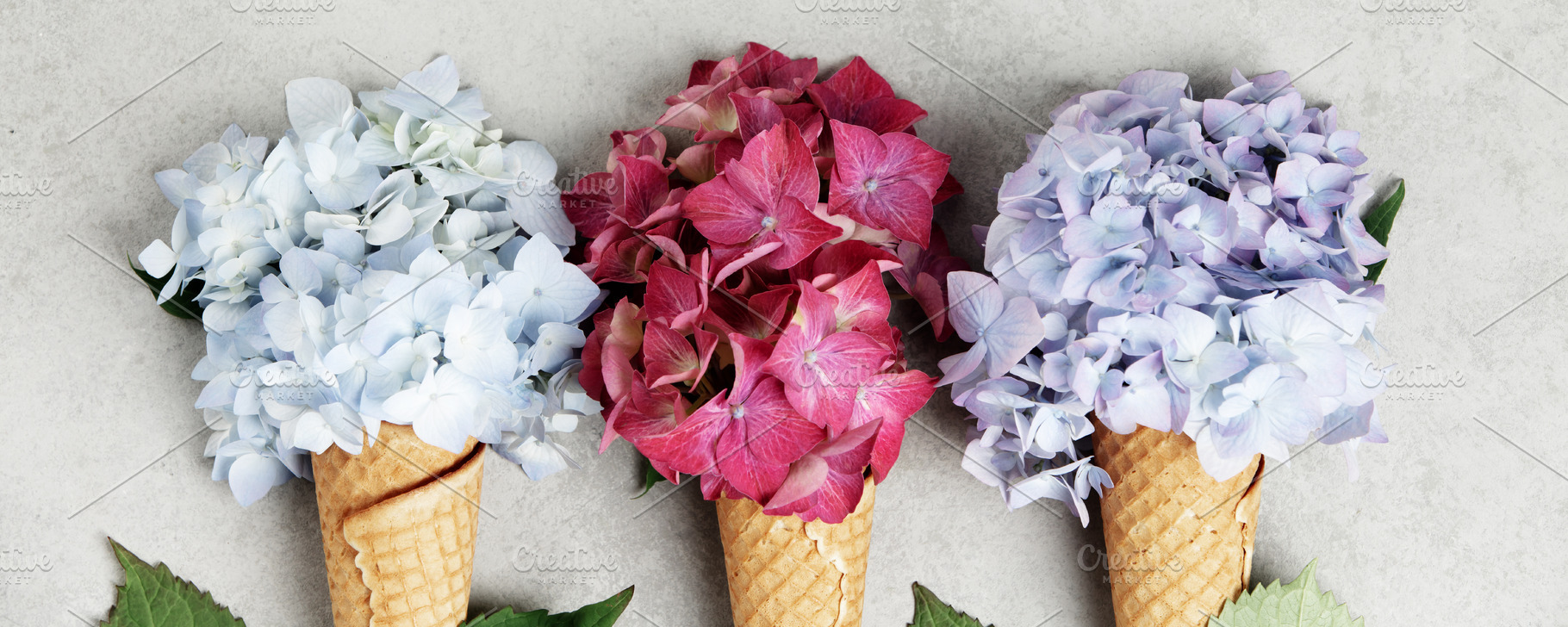 Trio of Hydrangea Ice Cream Cones on Light Background, a Holiday Photo by Natalia Klenova's Shop