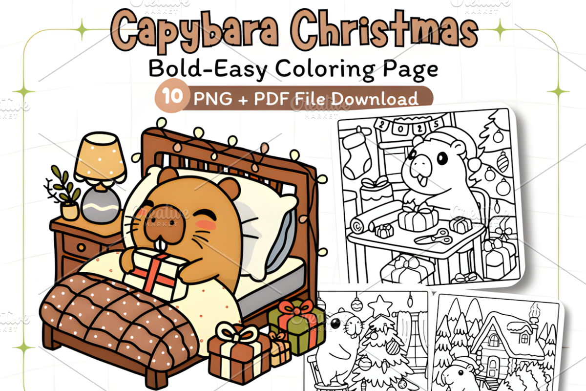 Capybara Christmas Coloring Pages, an Animal Illustration by Coco Bloom (Photo 1 of 3)