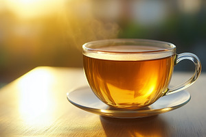 Clear glass cup of hot tea sits on, a Food & Drink Photo by MistyDay