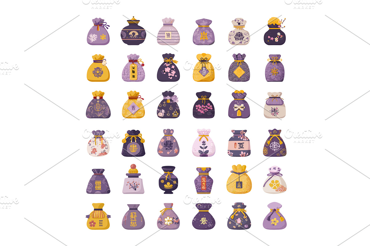 Asian lucky bags cartoon vector set, an Object Illustration by Onyx