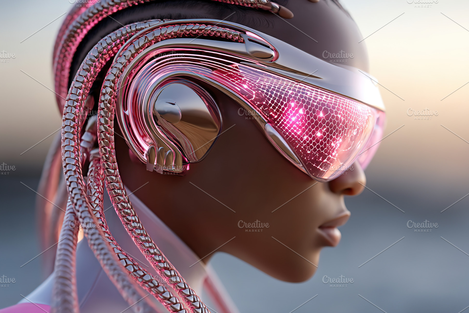 Futuristic character showcasing advanced technology at sunset on a coastal land, a Beauty & Fashion Photo by AlyaAnd