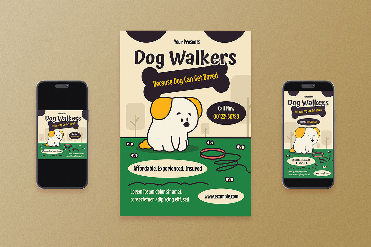 Green Cartoon Dog Walkers Flyer Set, a Flyer Template by Aiyari Graphic (Photo 1 of 3)