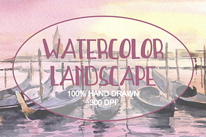 Watercolor Venice Sunset Landscape
