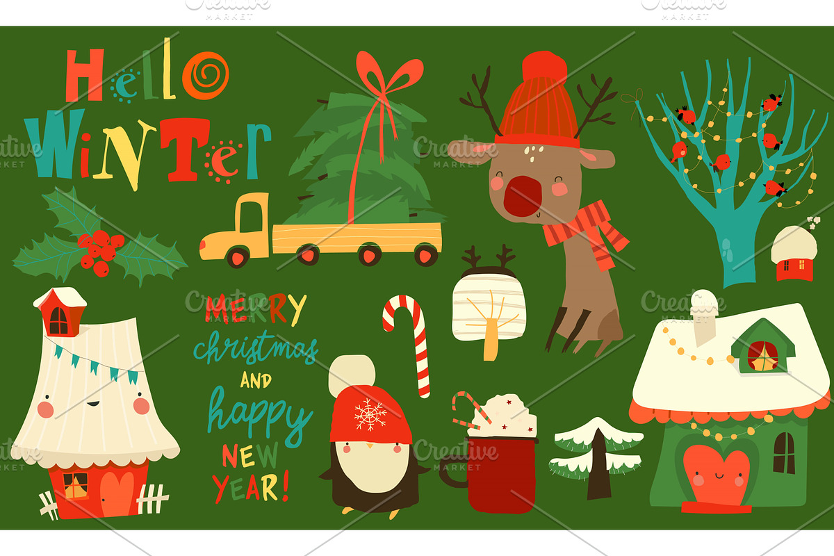 Cartoon Set With Cute Animals and, an Object Illustration by Maria Starus