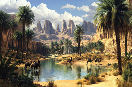 Desert oasis with palm trees and cam, a Photo by Tanuart