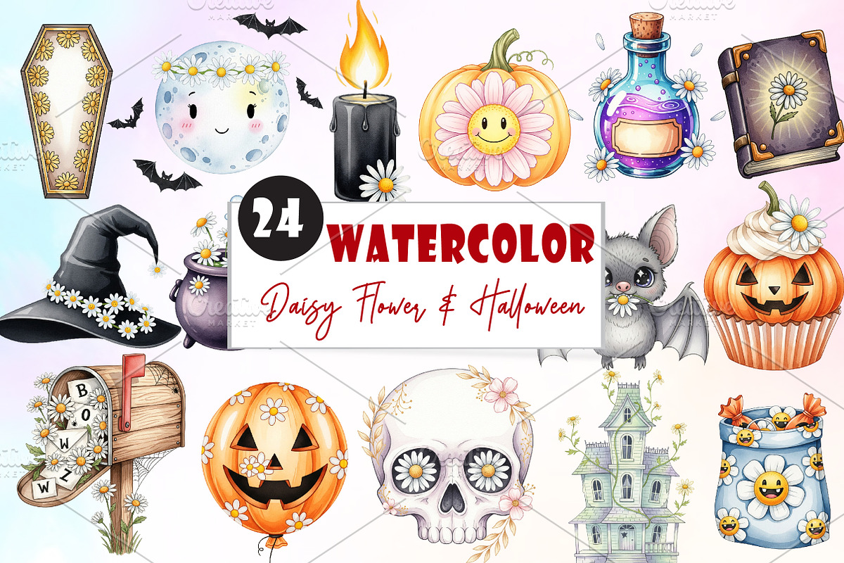 Daisy Flower & Halloween Clipart, an Illustration by Watercolor design (Photo 1 of 6)