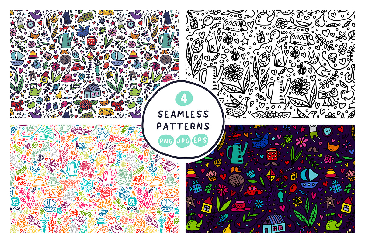 60 Funny Doodle + 14 Patterns, an Object Graphic by Apolinarias Art (Photo 7 of 9)
