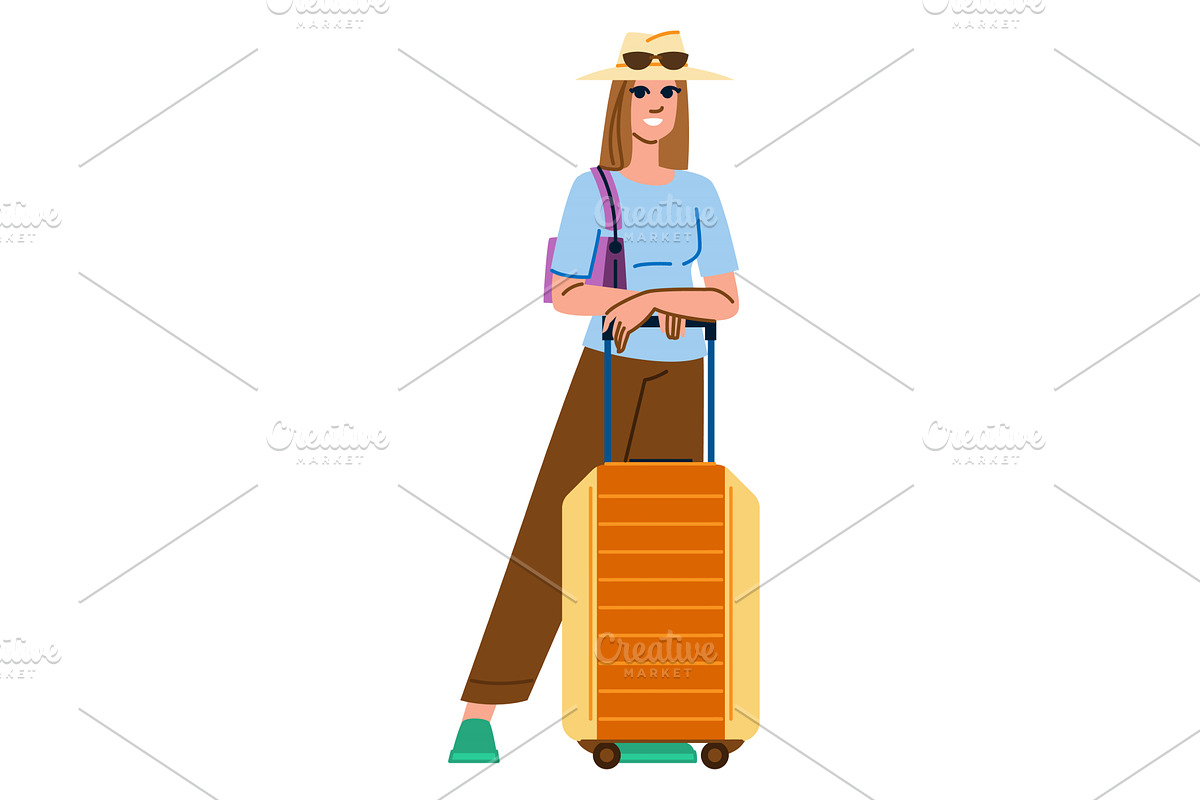 Tourist woman standing with suitcase, a Transportation Illustration by pikepicture