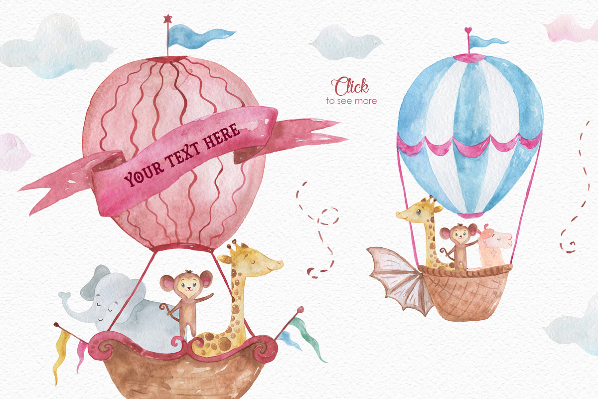 Hot Air Balloons Watercolor Clipart, an Animal Illustration by LeMagiqueBoutique (Photo 4 of 6)