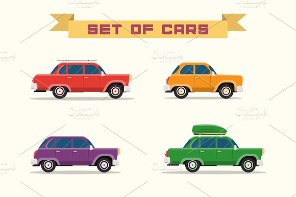Set With Vintage Cars Flat Style