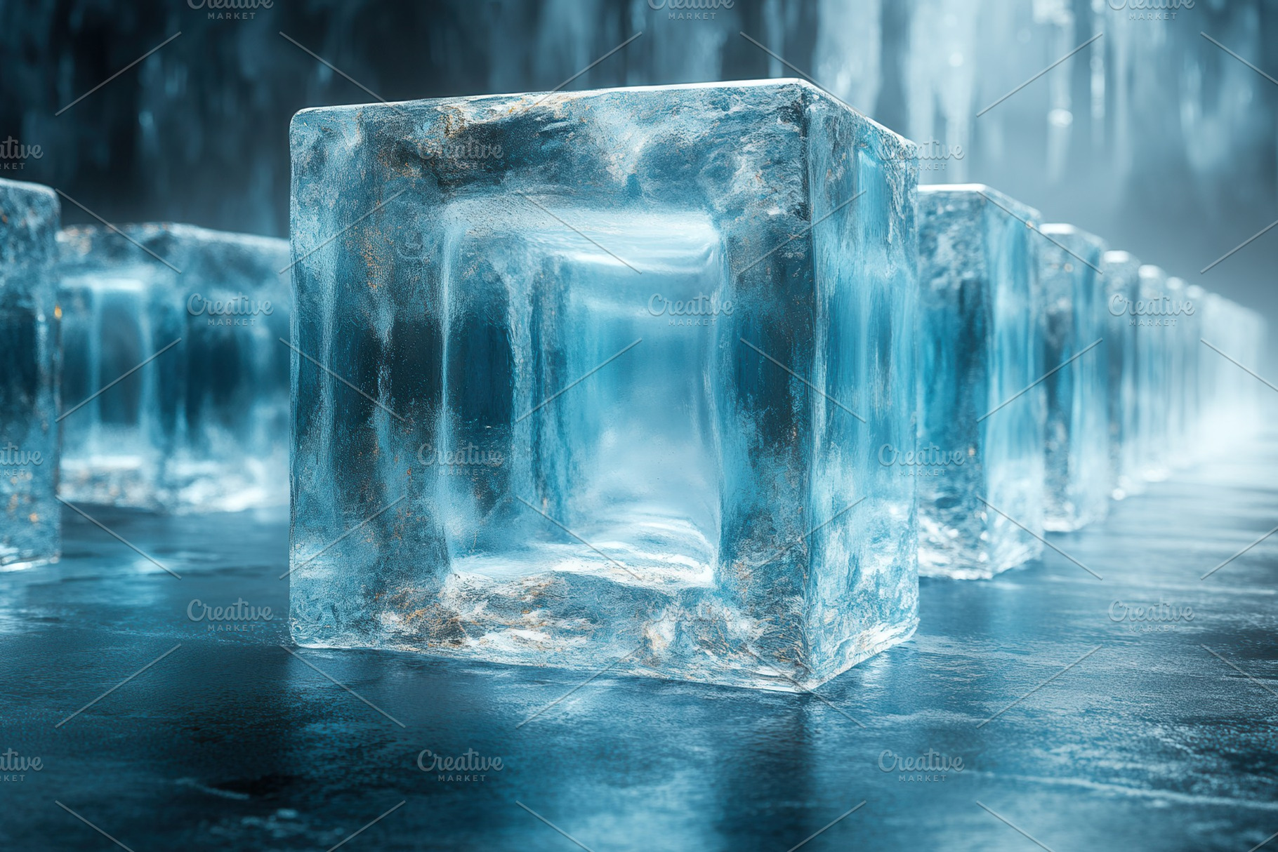 Ice cubes arranged in a row, reflect, a Photo by Tanuart