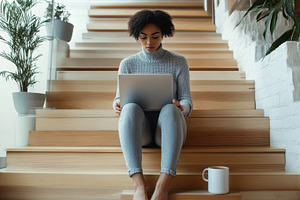 Woman on stairs with laptop, a Photo by Beautiful things
