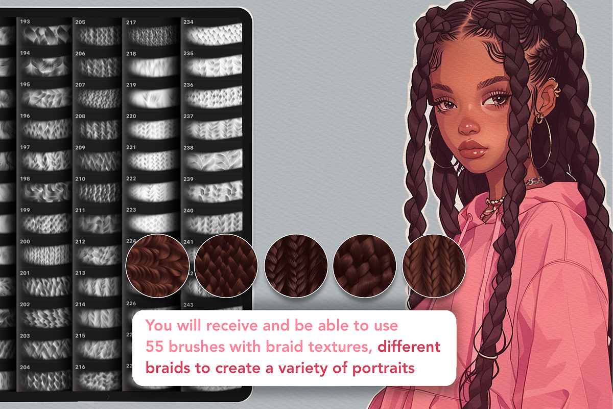 Procreate Hair Braids curly brushes, a Brush Add-On by Revabrush (Photo 6 of 10)