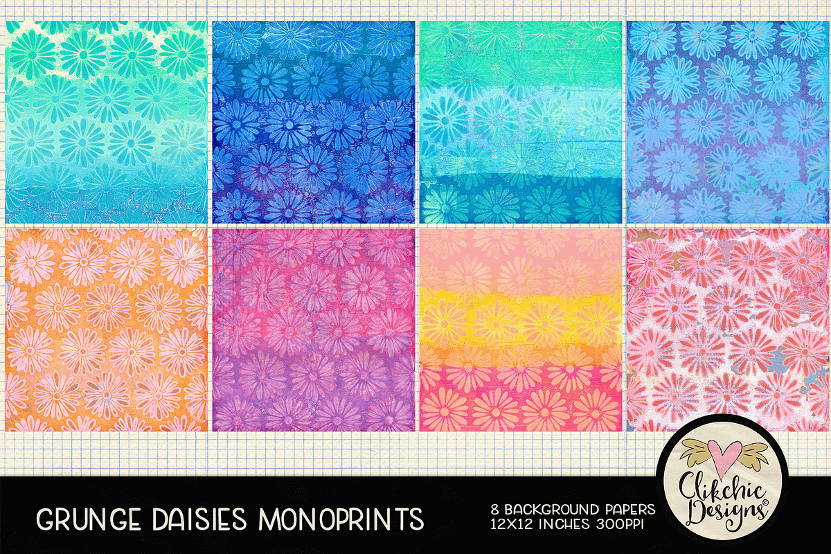 Grunge Daisies Monoprint Backgrounds, a Texture Graphic by Clikchic Designs (Photo 2 of 5)