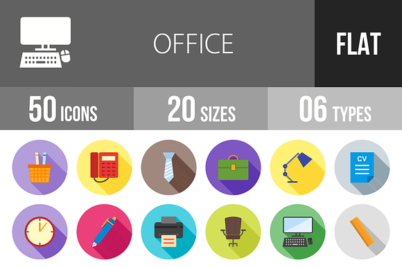 50 Office Flat Shadowed Icons preview 4