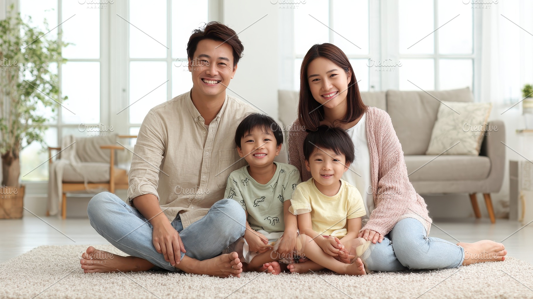 Happy Asian family portrait smiling, a Photo by Pixeness Studio