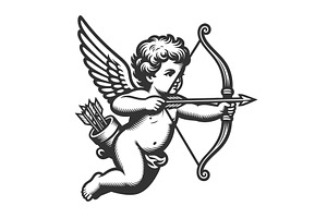 cupid aiming bow and arrow engraving, an Illustration by AlexArt