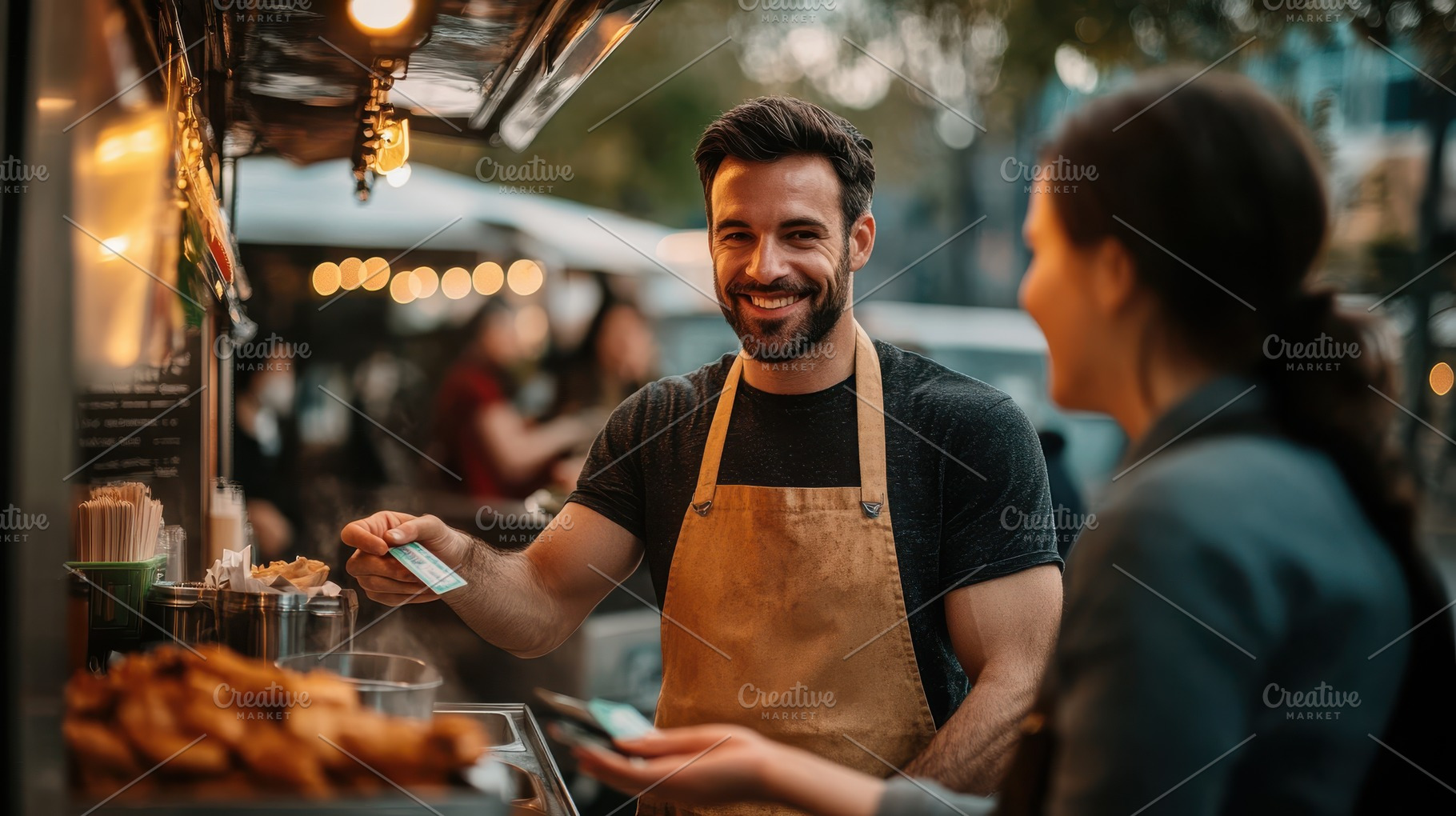 Smiling vendor at a food stall, taki, a Background Photo by Pixeness
